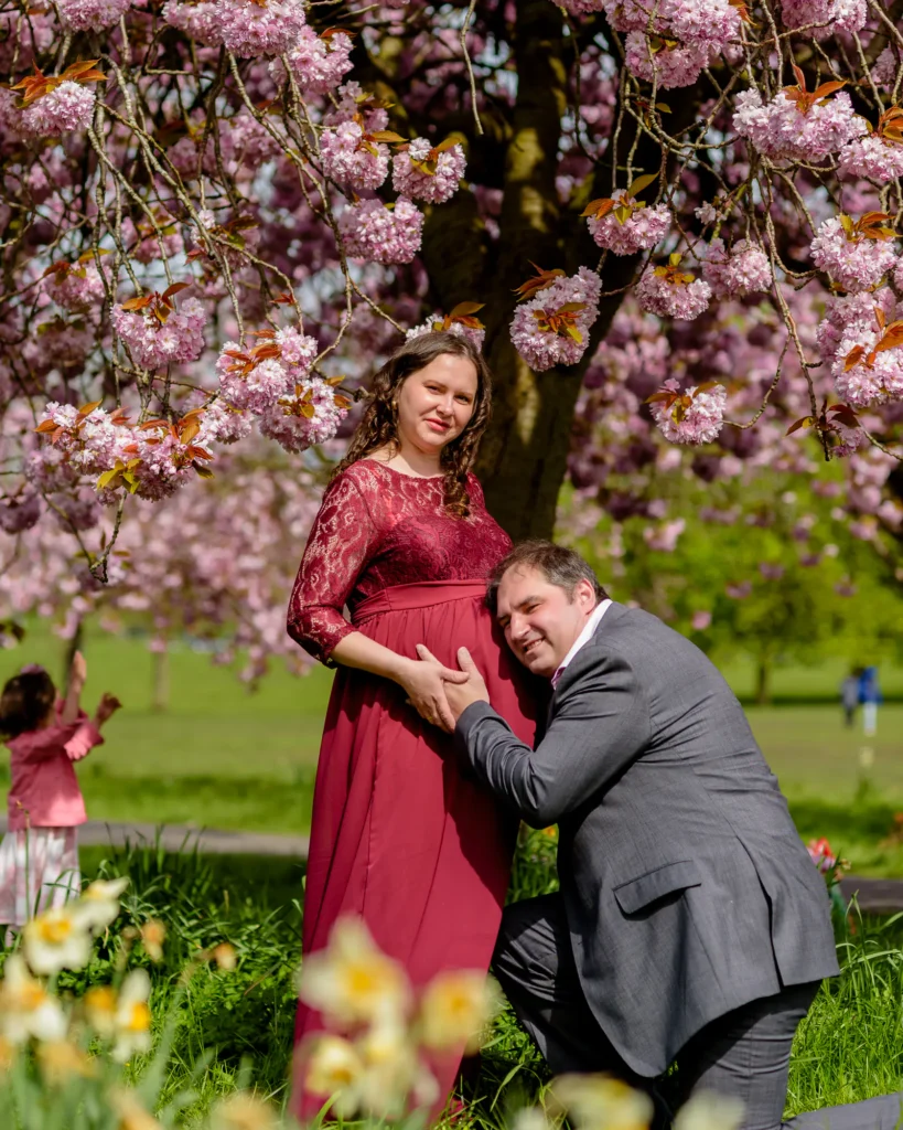 aternity photoshoot in Harrogate - Iryna and Andrii under the cherry blossom - by dick Lloyd Photography