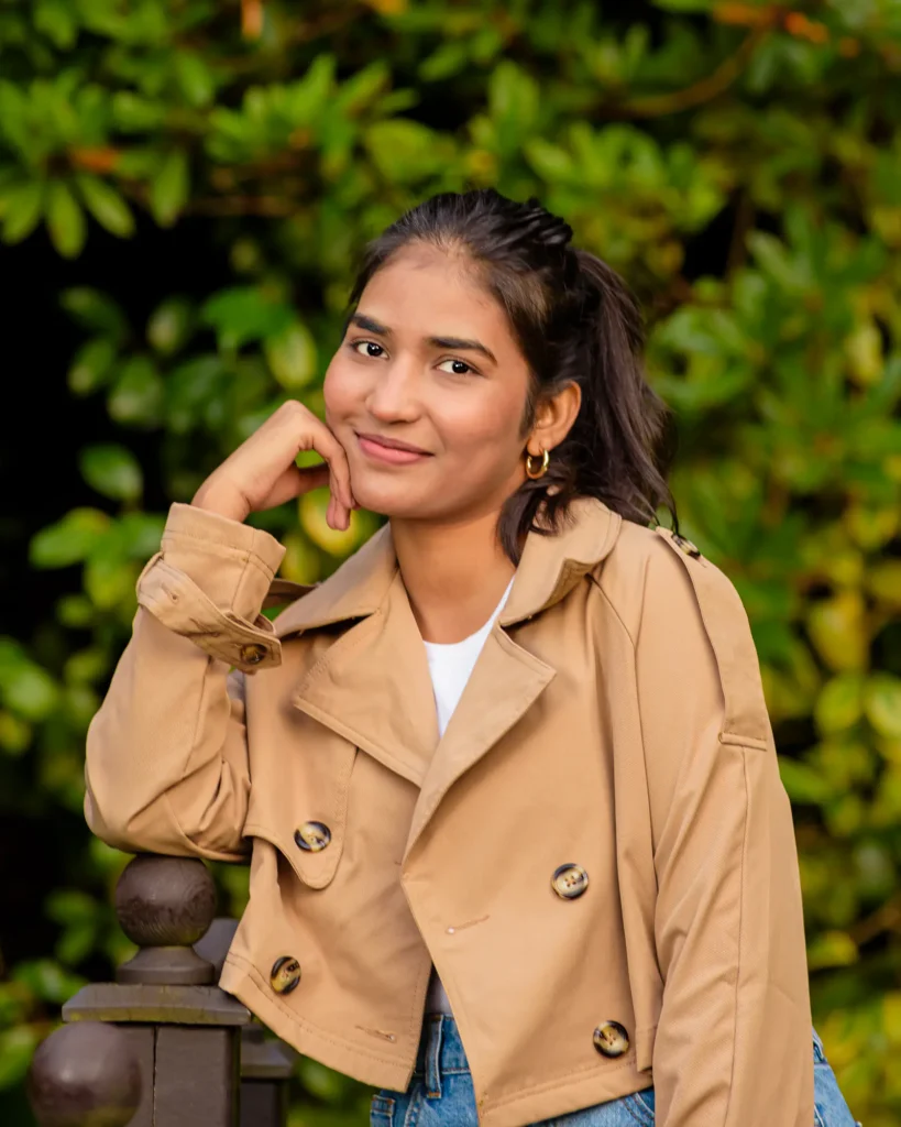 Hina-147-Edit-2 Hina smiling during autumn portrait photography in Harrogate, golden hour session at Valley Gardens by Dick Lloyd Photography.